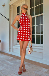Maia Red Spot Halter Neck Mini Dress