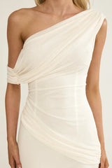Anaisa Asymmetric Neckline Draped Maxi Dress Oyster
