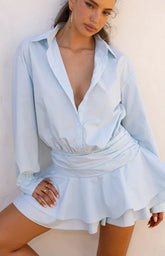 Nicolaini Light Blue Long Sleeve Mini Shirt Dress