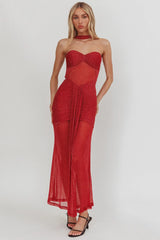 Elma Bandeau Sheer Shimmer Maxi Dress Red