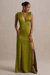 Ysabella | Olive Satin Plunge-Neck Split Maxi Dress