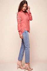 Issa Floral Sleeved Button Up Top Rust
