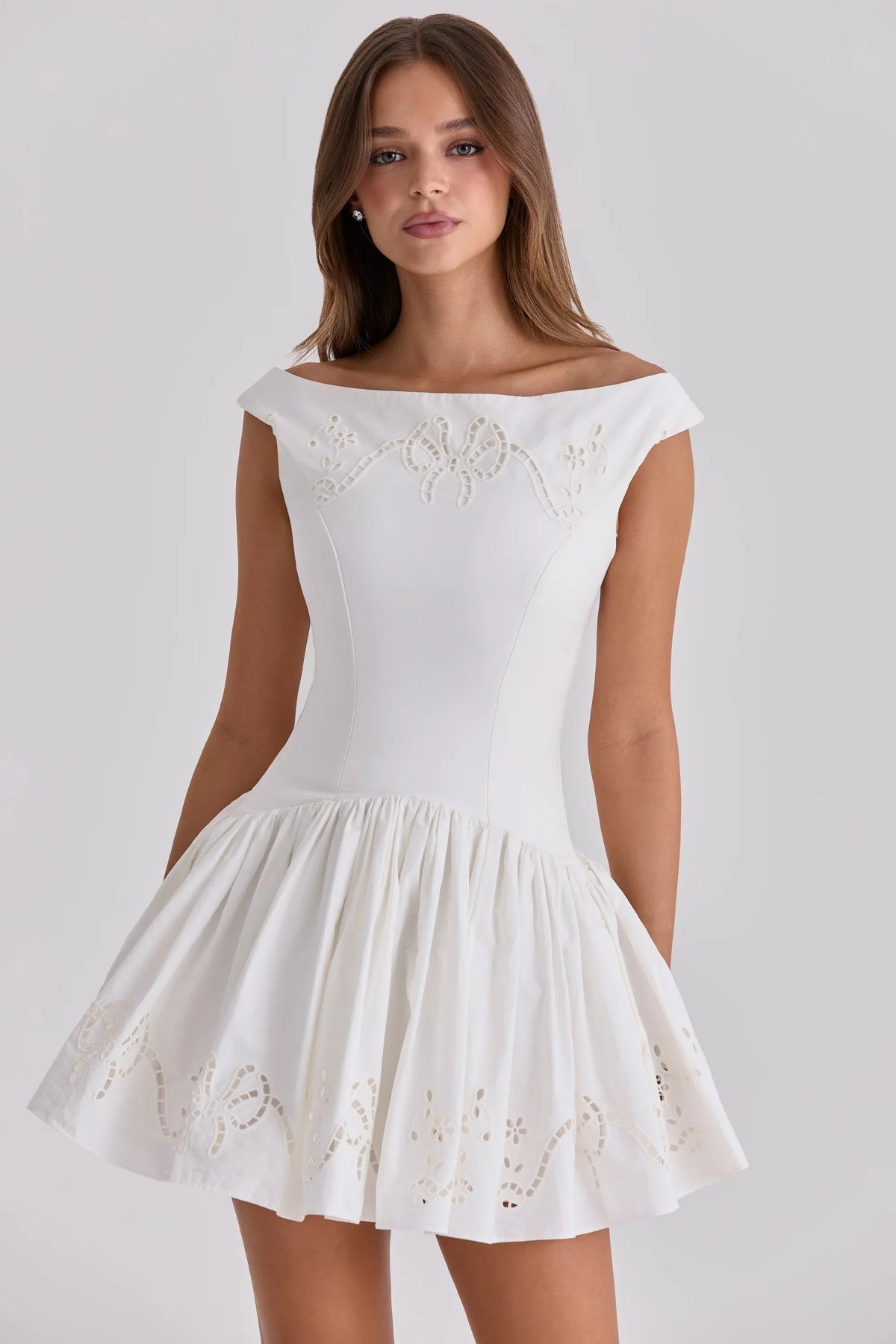 white cotton broderie anglaise boat neck mini dress